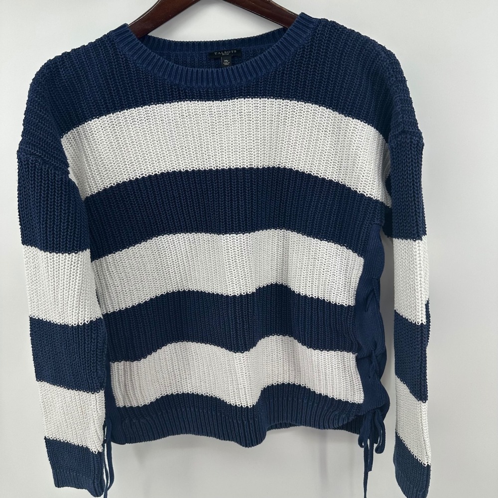 Talbots Petites‎ Navy Blue White Striped Cotton Lace Up Side Sweater MP Nautical